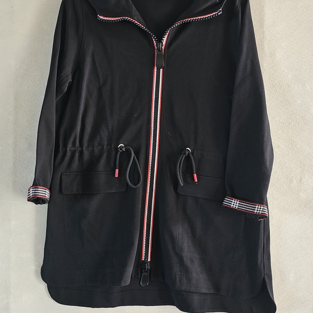 Black Hooded Pea Coat with Red-Trim Zip Detail